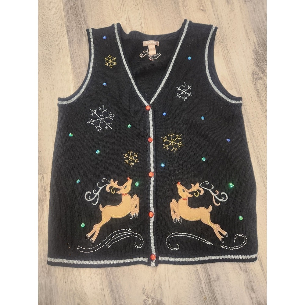 White Stag Women's Black Embroidered Christmas Sweater Vest Reindeer Snowflake M